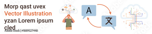 Language learning, digital translation, AI solutions, neural networks, communication systems, and technology advancement. A person with data cloud, language icons connected brain network. Language