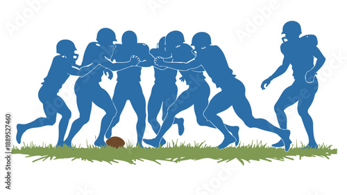 A group of blue football players running on a grassy field together