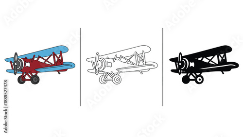 Three different colored biplanes in various illustration styles side by side