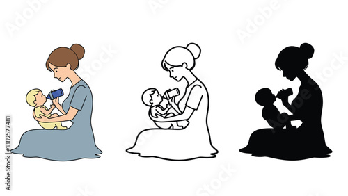 A mother breastfeeding her baby in different illustration styles and colors.