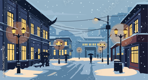 Serene winter evening cityscape with traditional architecture, softly illuminated streetlights, and gentle snowfall, evoking a calm urban scene