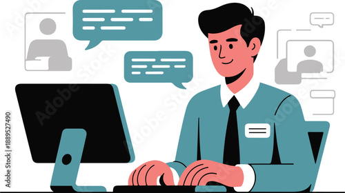 Happy man working on desktop computer with floating chat bubbles in office environment flat vector illustration showing modern professional freelancer typing on keyboard at workstation
