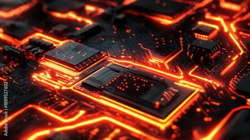 Close-up of a circuit board with glowing orange pathways, illustrating data flow, high tech
