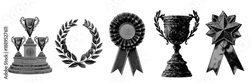 Set of halftone trophy and award icons for sports winners and corporate achievement design elements