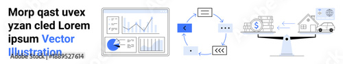 Data charts, cyclical workflow, finance, and balance icons. Ideal for planning, analytics, automation, budgeting, strategy optimization simple landing page