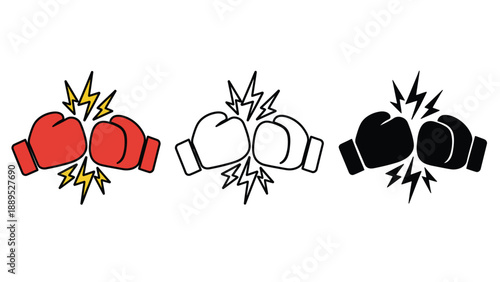 A set of boxing gloves in different colors and line art styles colliding