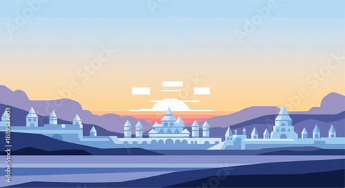 Flat design cityscape illustration featuring majestic palaces and detailed architecture by calm waters, illuminated by a stunning sunrise over distant mountains