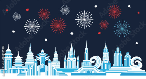 Festive night cityscape illustration with abstract buildings and vibrant fireworks illuminating the dark sky, ideal for celebrating holidays and special events with joy