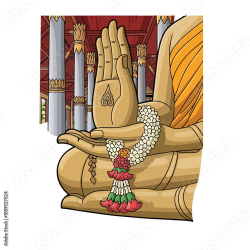 A Buddha statue's hand adorned with flowers