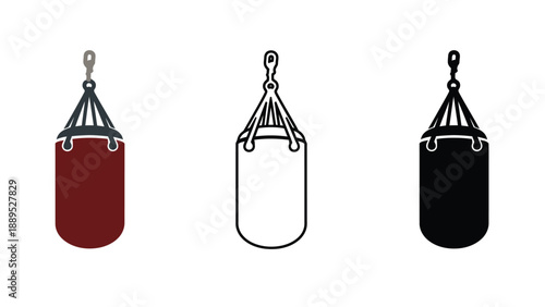 A set of three punching bags in different colors and styles hanging from chains