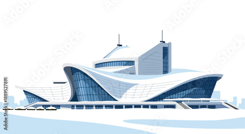 Sleek, futuristic building. Modern architecture with elegant curves and expansive glass facades. An innovative concept representing contemporary urban design and structural beauty