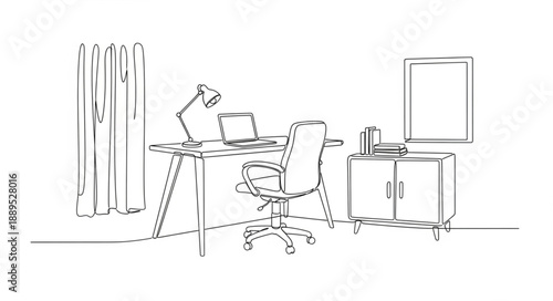 Sketch of a modern home office desk with laptop and chair.