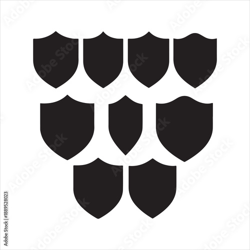 Set of black shield icons flat of security symbols, Minimalist black silhouette shield vector icon set.