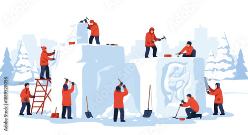 Artisans meticulously sculpt grand ice blocks into breathtaking winter masterpieces, creating an enchanting frozen spectacle at an outdoor festival