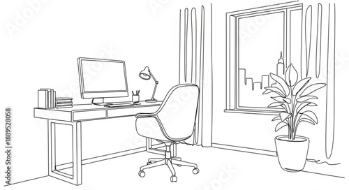Sketch of a modern home office desk with computer and chair.
