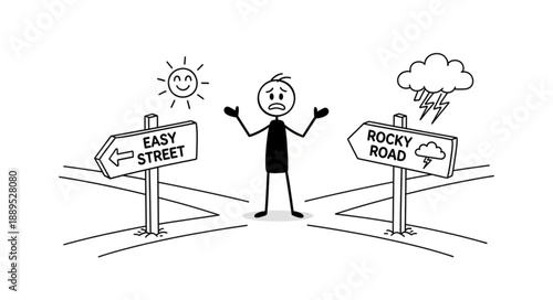 Stick figure at a crossroads choosing between easy street and rocky road.