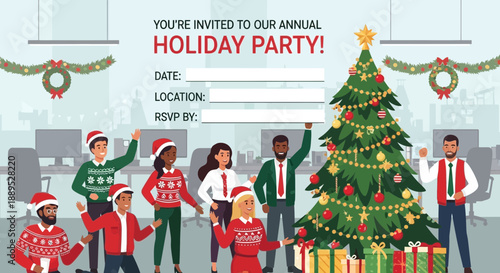 Festive Party Invitation with Christmas Tree, Decorations, and Cheerful Employees
