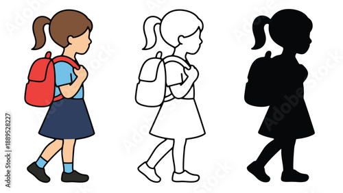 A colorful illustration of a schoolgirl in different styles and formats walking