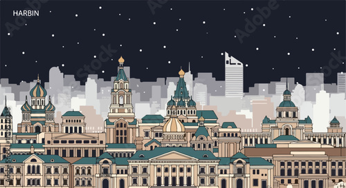 Detailed vector illustration of an impressive city skyline at night, featuring grand architectural landmarks and ornate buildings under a star-filled evening sky