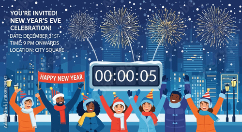 Festive New Year's Eve Celebration in the City Square with Fireworks and Cheering Crowd Counting