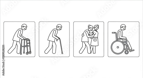 Stages of human aging and mobility assistance.