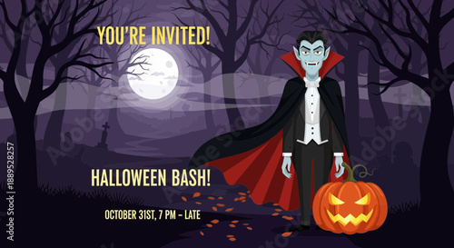 Halloween Bash Invitation Design with Vampire and Jack-o'-Lantern in a Spooky Night Forest