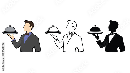 Three waiters in different styles holding covered dishes on a white background