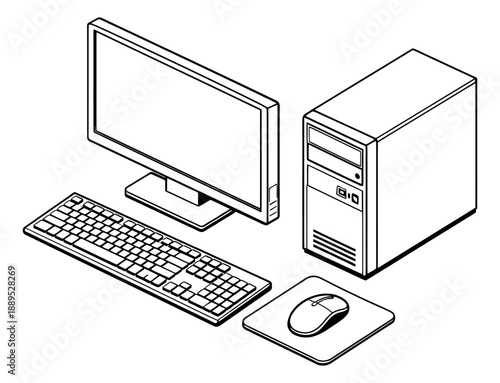 Isometric line art desktop computer set featuring a monitor, cpu, keyboard, and mouse for computing concepts
