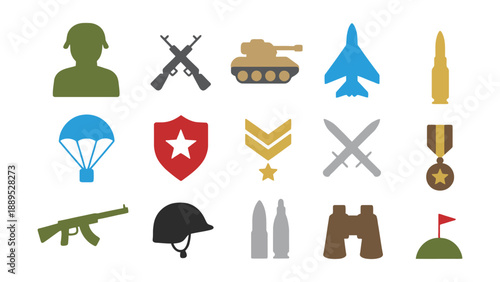 Collection of military icons representing warfare and defense