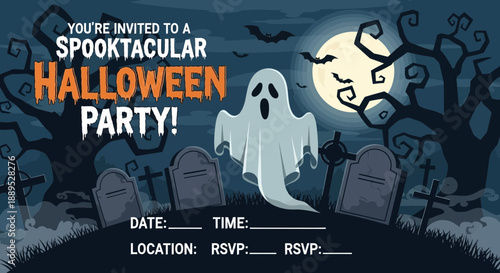 Halloween Party Invitation with Ghost and Spooky Theme, Graveyard Background for Halloween Events