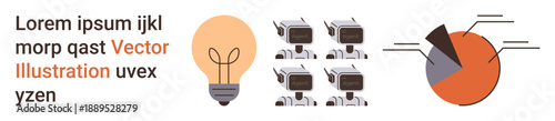 Innovation, automation, robotics, data analysis, artificial intelligence, business intelligence. Lightbulb, robotic heads pie chart graphic. Innovation and automation concept visualization