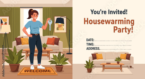 Housewarming Party Invitation with Woman Holding Key to New Home, Modern Interior Design