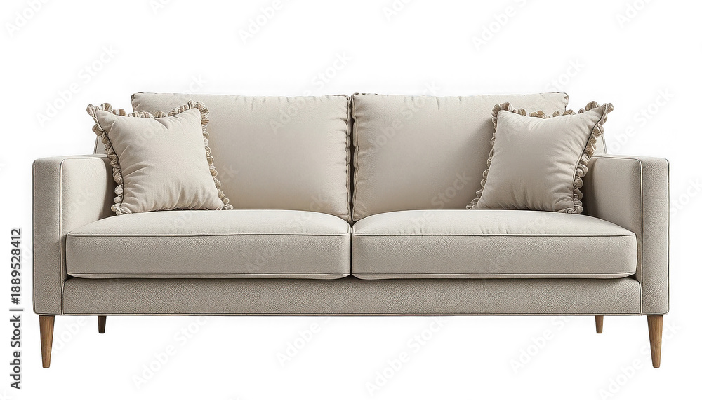 Obraz premium Elegant beige upholstered two seater sofa featuring decorative ruffled throw pillows for modern interior design on transparent background