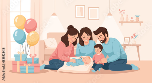 Loving family admiring their newborn baby in a cozy room, surrounded by gifts and colorful balloons