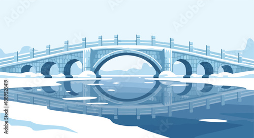 Tranquil winter scene featuring a snow-covered stone bridge arching over a frozen river, reflecting the serene landscape under a pale blue sky, evoking peace and stillness