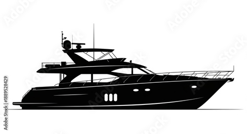Sleek modern luxury yacht silhouette isolated on white background.