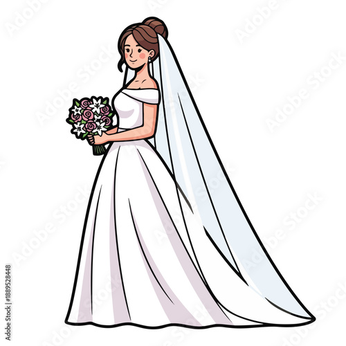 A cartoon bride in a white wedding dress holding flowers