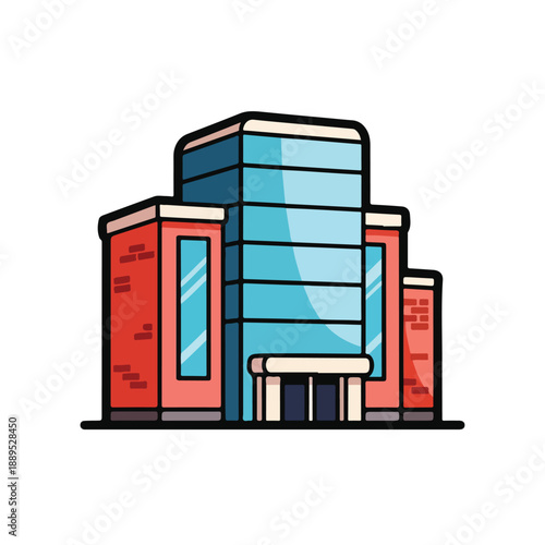 A cartoon building with a blue and red design