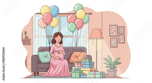 Pregnant Woman Celebrating with Balloons and Gifts at Her Baby Shower, Embracing Motherhood