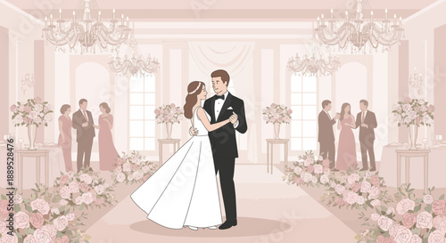 Romantic Wedding Reception: Bride and Groom's First Dance Surrounded by Elegant Decorations