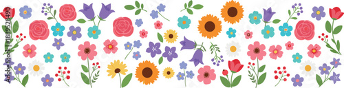 Colorful floral vector elements collection with spring flowers, leaves, and decorative botanical shapes for design projects