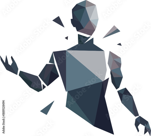 Abstract fragmented human figure composed of blue and gray geometric polygons