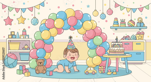Cheerful Baby Crawling Under Balloon Arch at First Birthday Party, Surrounded by Toys and Presents
