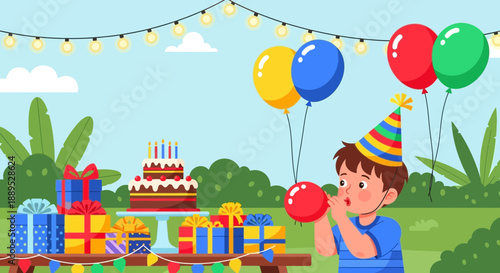 Cheerful Birthday Party Celebration with Balloons, Gifts, and Boy Blowing a Party Favor, Perfect