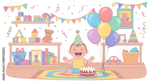 Cheerful Baby Celebrating First Birthday Party with Colorful Balloons, Hat, Cake and Gifts