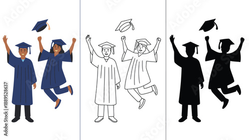 Joyful graduates in academic gowns toss their caps in celebration of achievement.