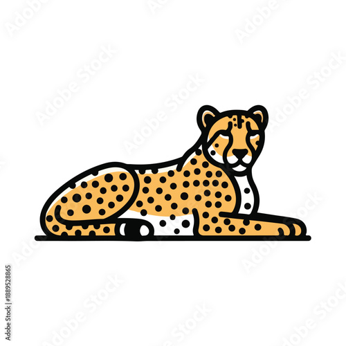 A cartoon cheetah with orange and black spots lies down