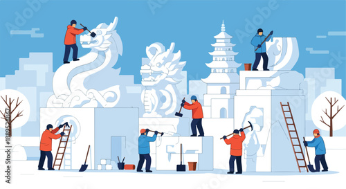 A group of artists meticulously sculpt elaborate snow and ice structures, including dragons and pagodas, in a winter wonderland, showcasing their creative skills during a festive snow festival