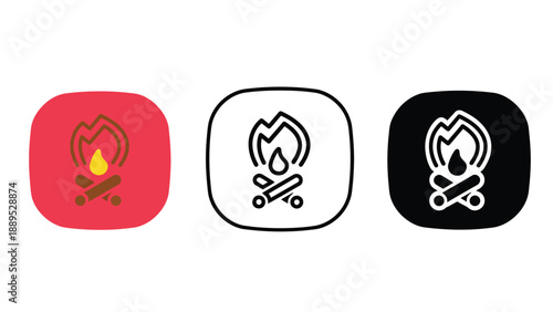 Three campfire icons in different colors on a white background