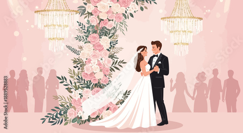 Elegant Wedding Day: Bride and Groom Share First Dance Surrounded by Floral Arch and Guests in